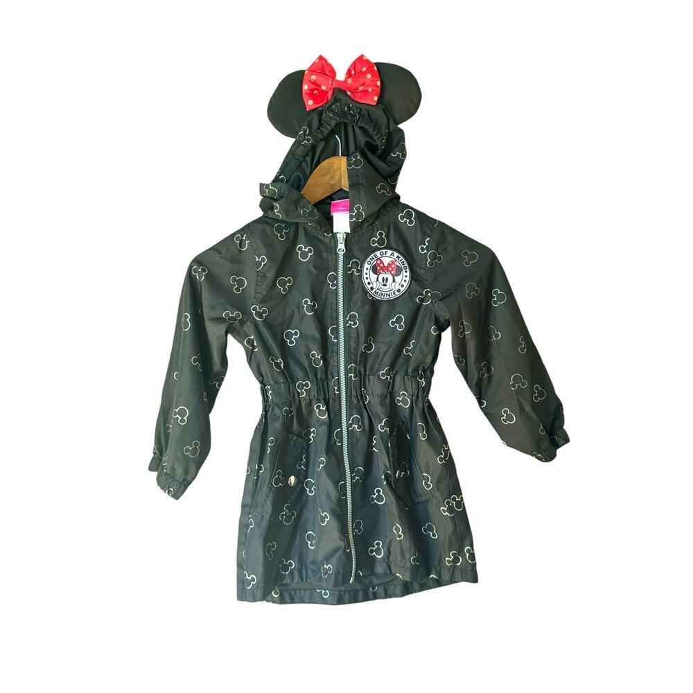 Disney Junior Minnie Mouse Girls Raincoat Jacket Size 5 Hooded Ears Red Bow Blck